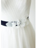 Ivory Pleated Tulle Lace Long Wedding Dress With Flower Sash